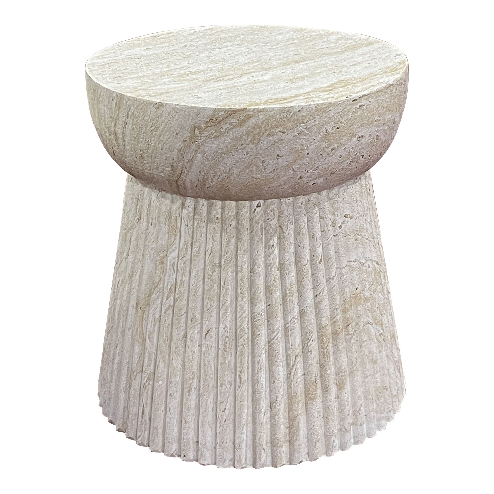 House Nordic Bonn bijzettafel van naturel beige fiberclay, ronde vorm Ø37 cm met fijn gegroefde structuur en matte, rustieke afwerking
